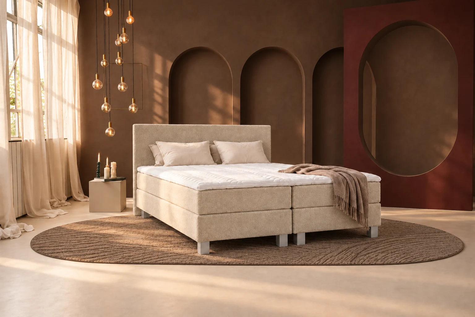Crèmekleurige boxspring met gestoffeerd hoofdbord in een warme slaapkamer met mokkabruine muren.